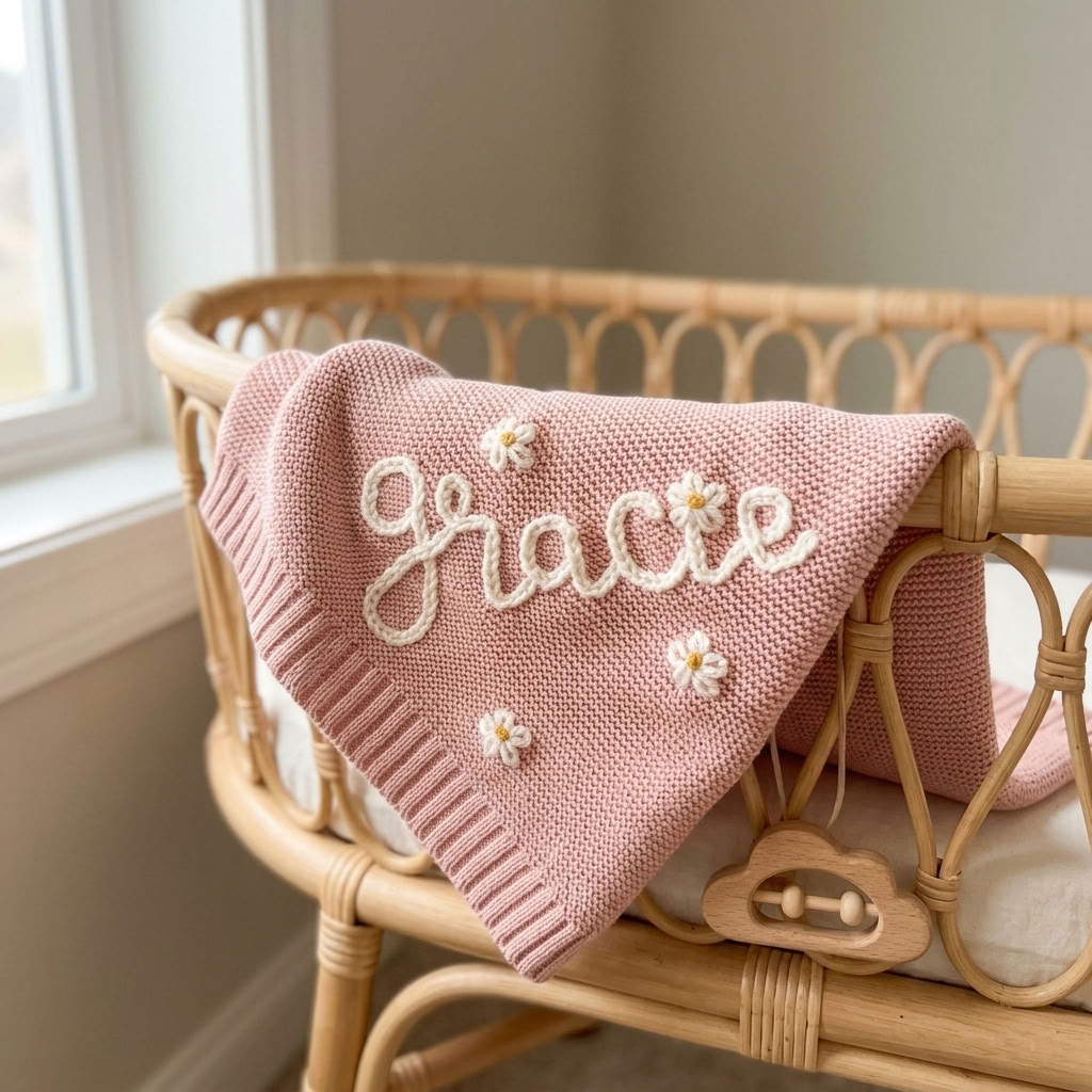 Personalised Embroidered Cotton Baby Blanket - Pink Daisy