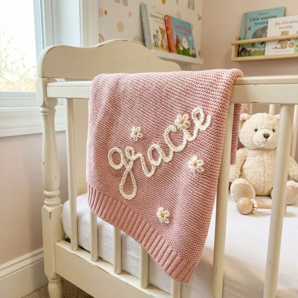 Personalised Embroidered Cotton Baby Blanket - Pink Daisy