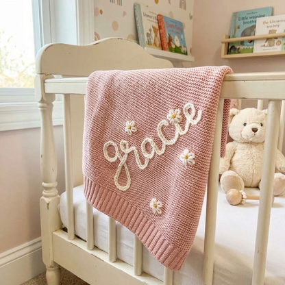 Personalised Embroidered Cotton Baby Blanket - Pink Daisy
