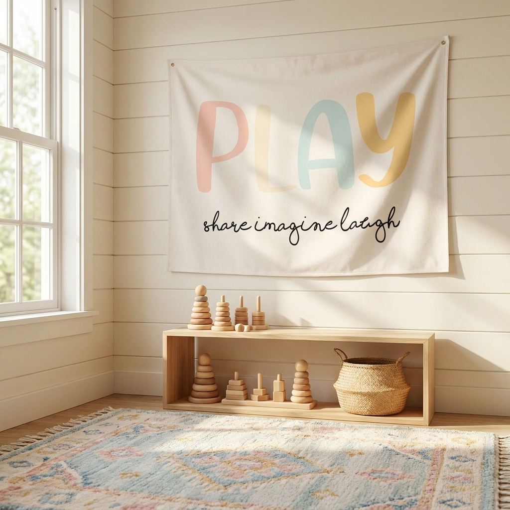 PLAY share imagine laugh Canvas Wall Hang