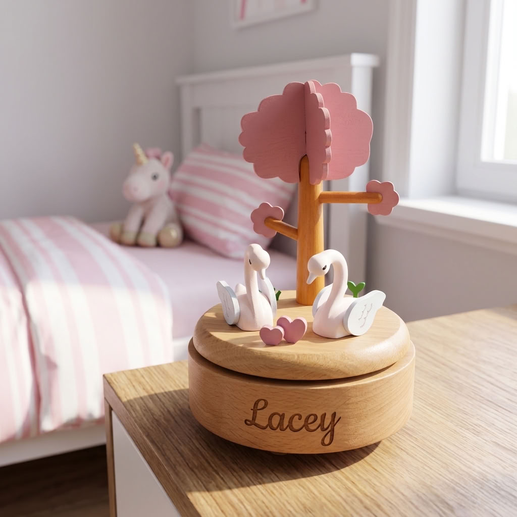 Pink Swan Wooden Music Box