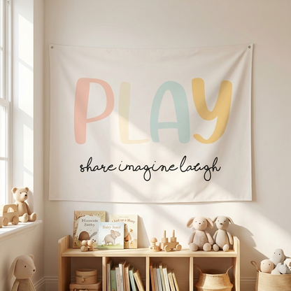 PLAY share imagine laugh Canvas Wall Hang