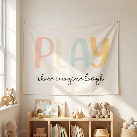 PLAY share imagine laugh Canvas Wall Hang
