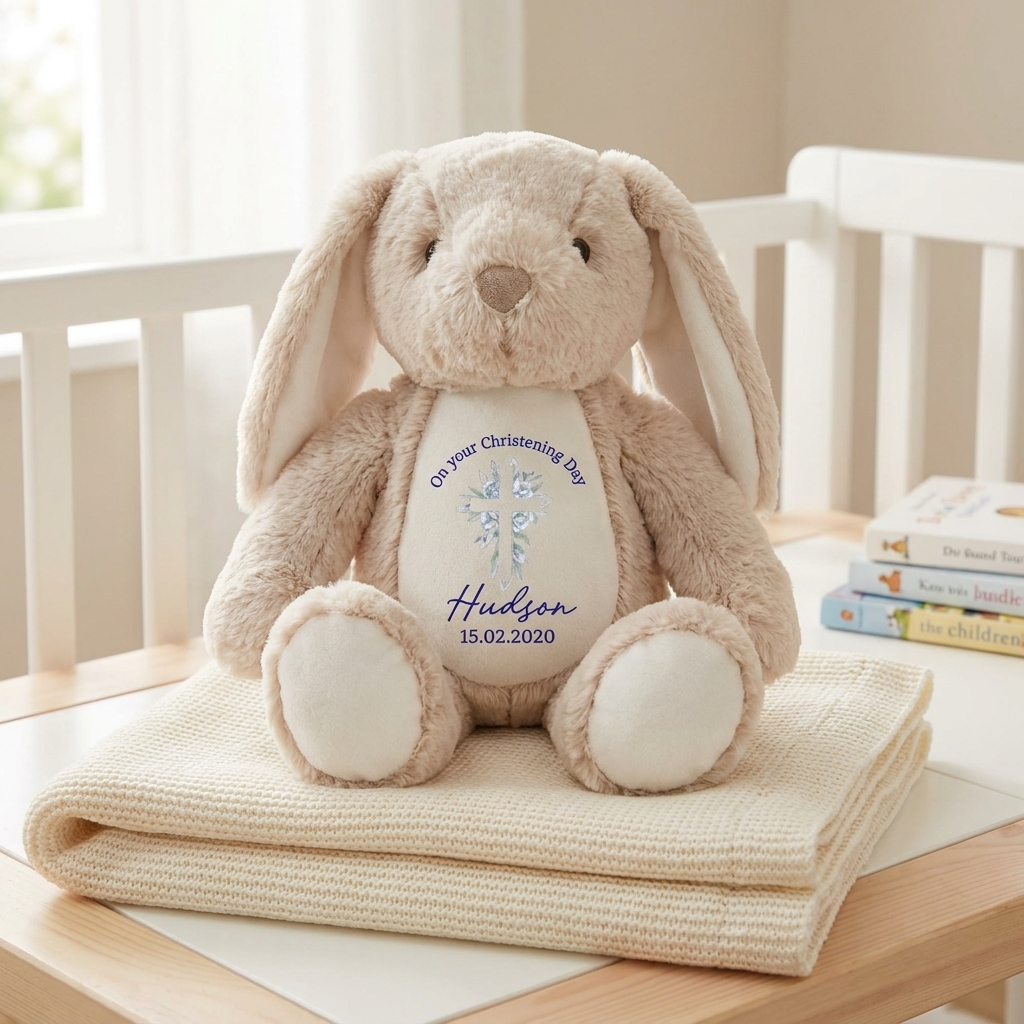 Bunny Plush - Blue Floral Cross Baptism