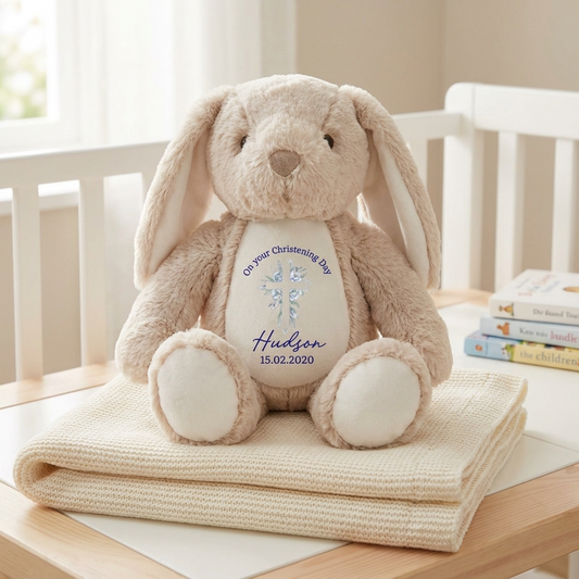 Bunny Plush - Blue Floral Cross Baptism