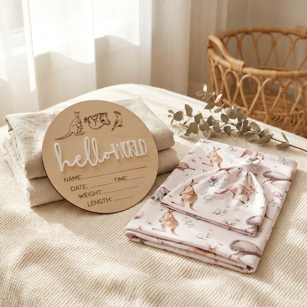 Personalised Baby Swaddle & Beanie Set - Australiana