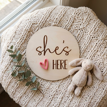 she's here heart birth annoucement