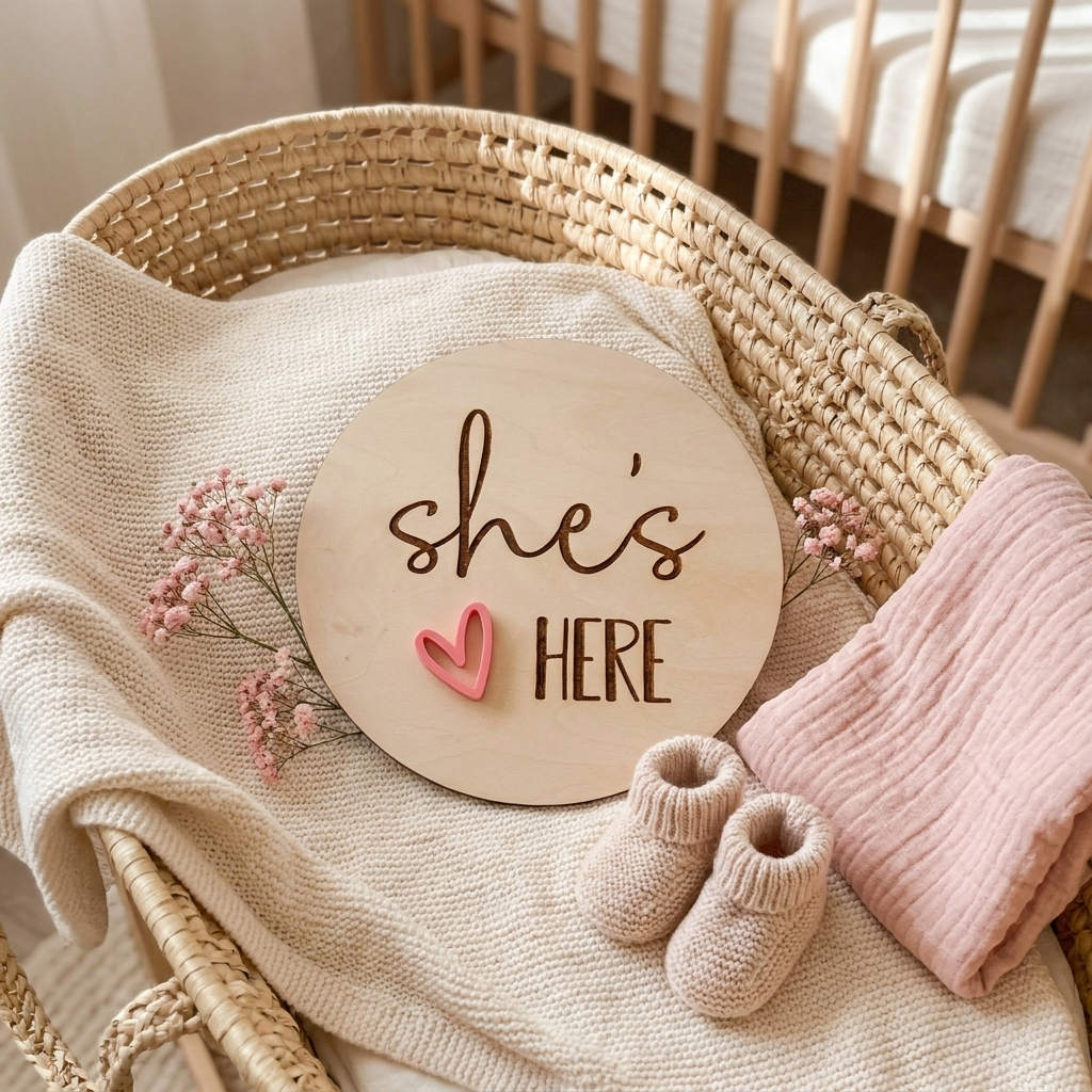 she's here heart birth annoucement