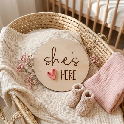 she's here heart birth annoucement