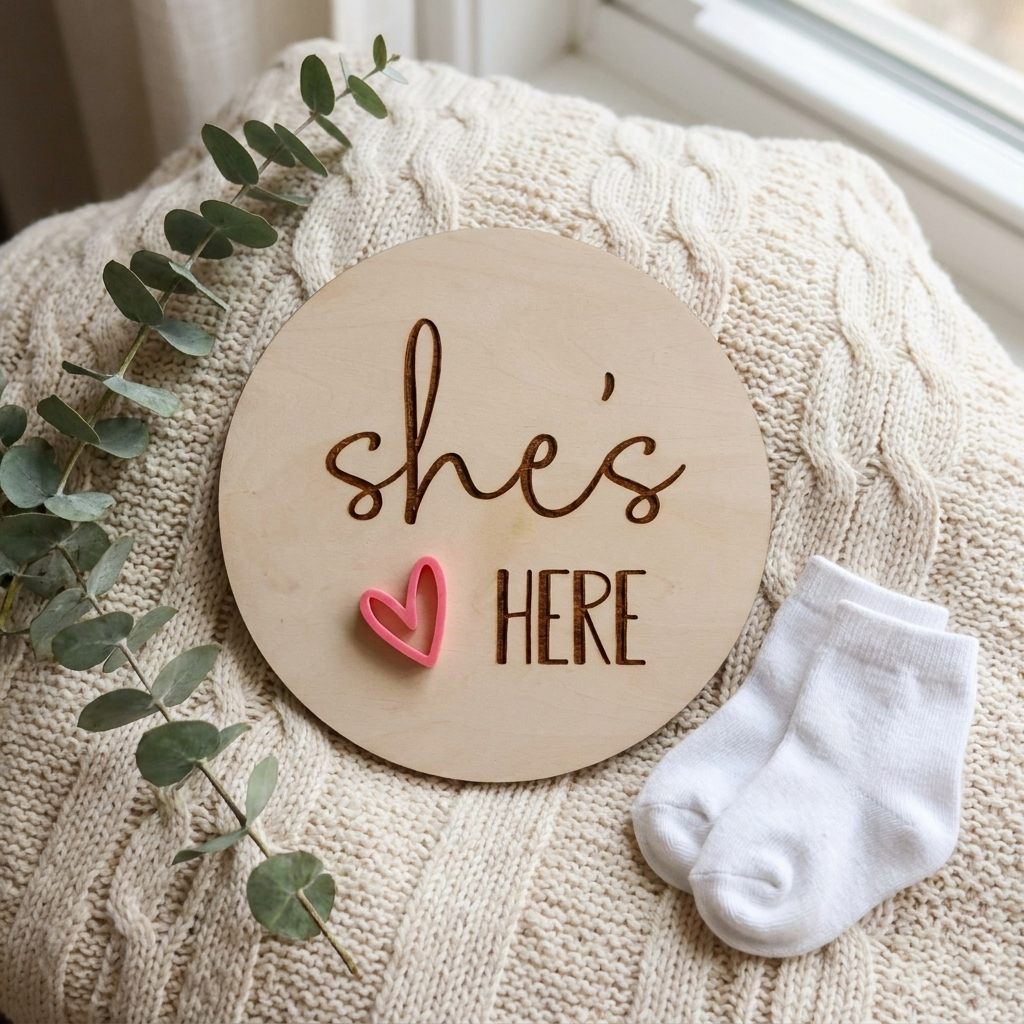she's here heart birth annoucement