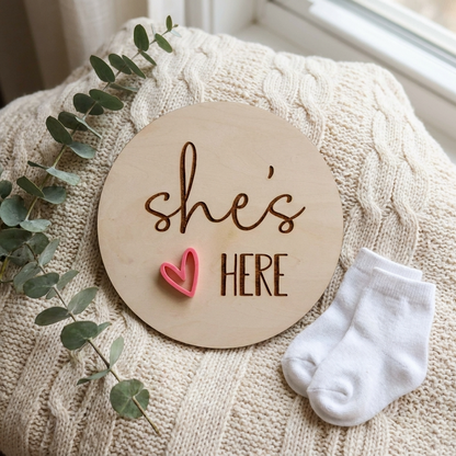 she's here heart birth annoucement