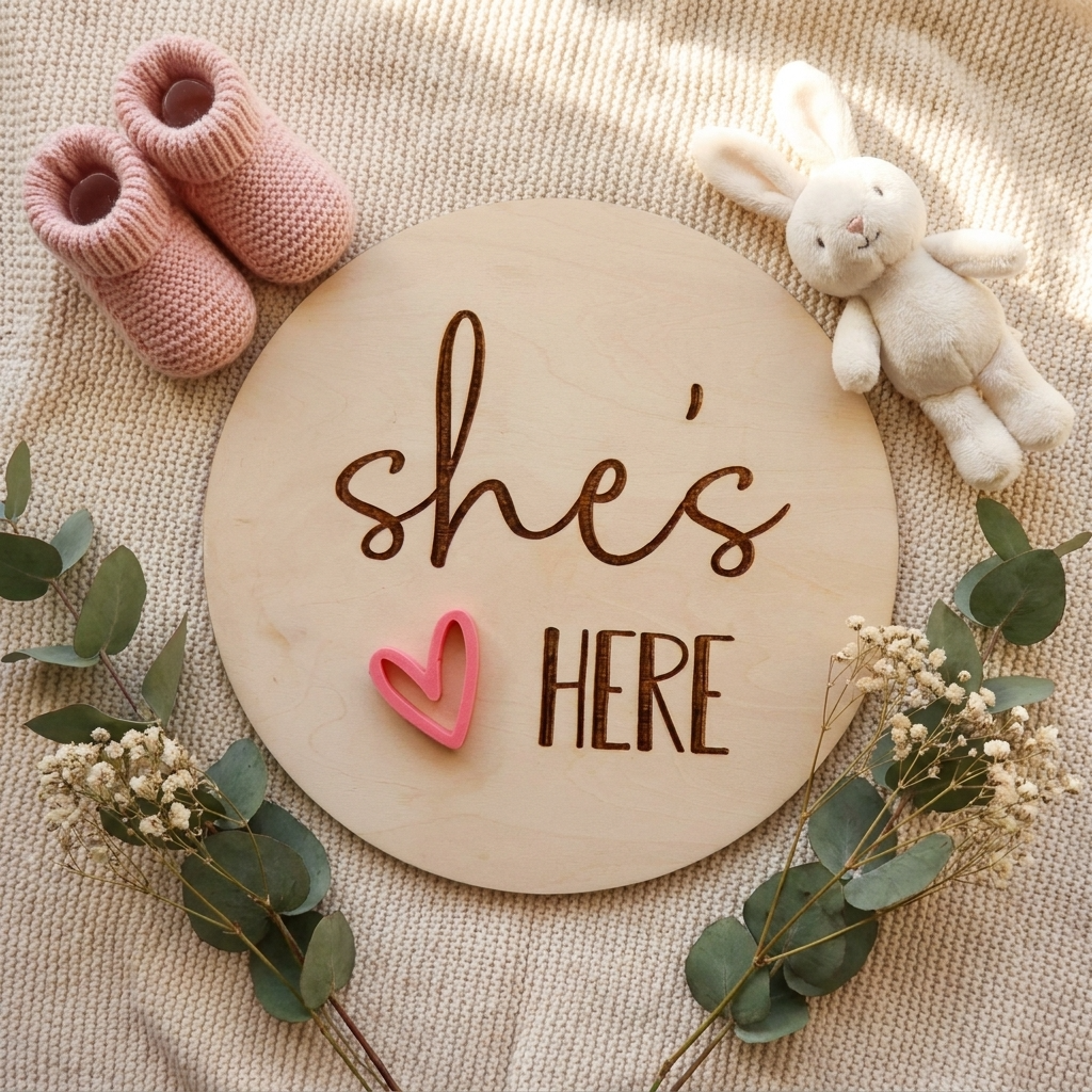 she's here heart birth annoucement