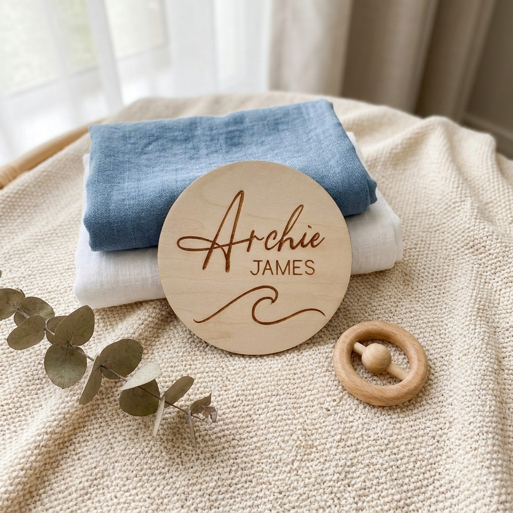 Personalised Baby Name Wood Disc - Wave