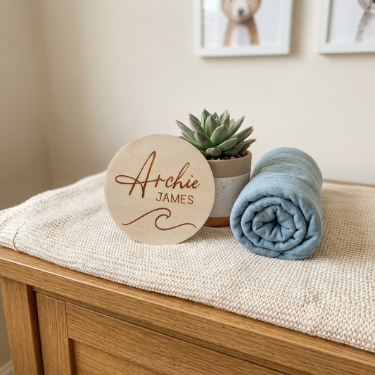 Personalised Baby Name Wood Disc - Wave