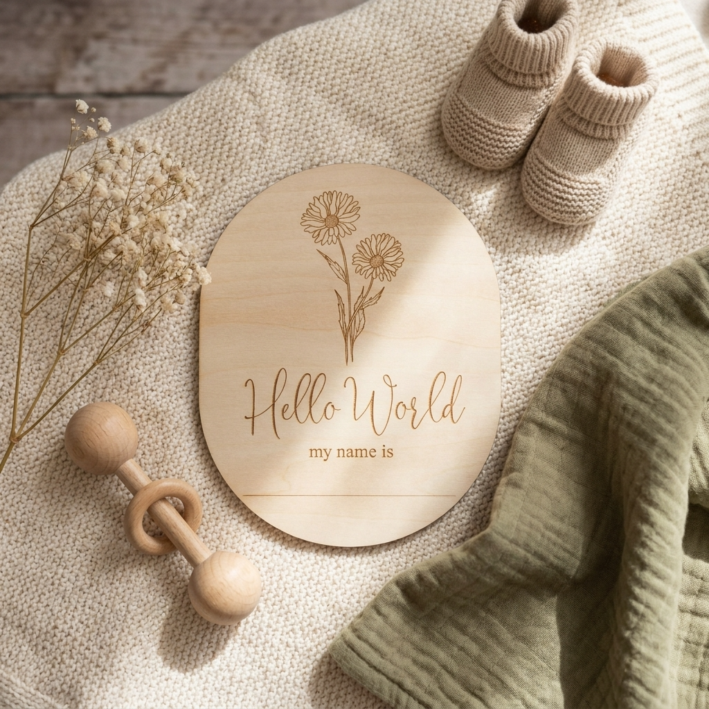 Hello World My Name Is Birth Flower Annoucement Disc