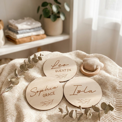 Personalised Baby Name Wood Disc - Leaf