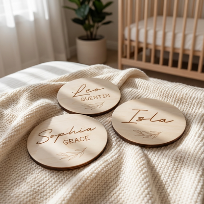 Personalised Baby Name Wood Disc - Leaf