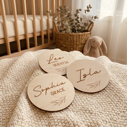 Personalised Baby Name Wood Disc - Leaf