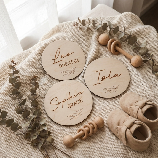 Personalised Baby Name Wood Disc - Leaf