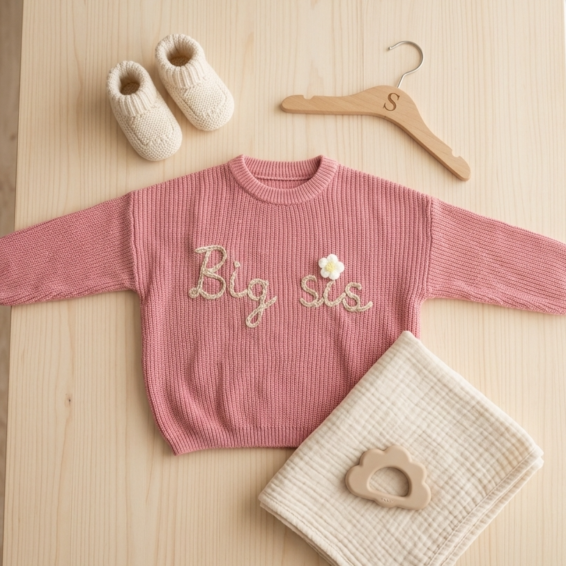 Big sis Pink Daisy Embroided Cotton Baby Sweater