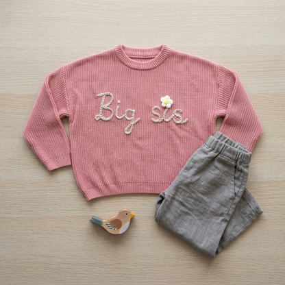 Big sis Pink Daisy Embroided Cotton Baby Sweater