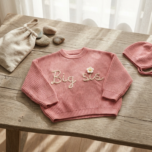 Big sis Pink Daisy Embroided Cotton Baby Sweater