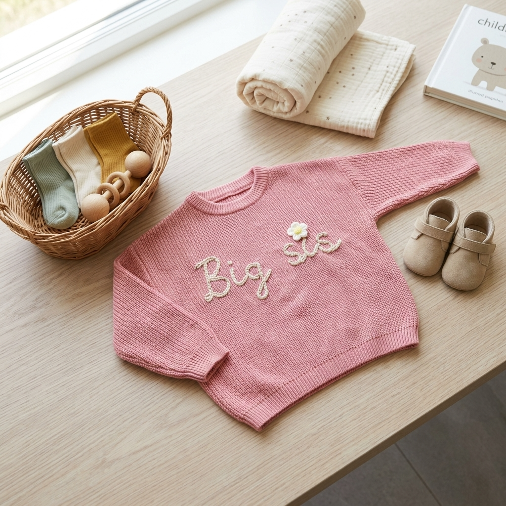 Big sis Pink Daisy Embroided Cotton Baby Sweater