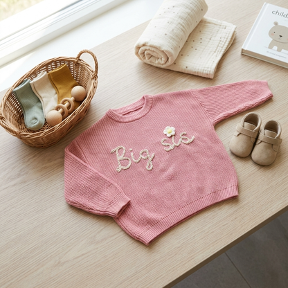 Big sis Pink Daisy Embroided Cotton Baby Sweater
