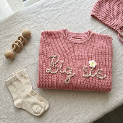 Big sis Pink Daisy Embroided Cotton Baby Sweater
