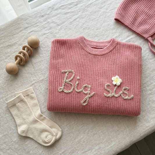 Big sis Pink Daisy Embroided Cotton Baby Sweater