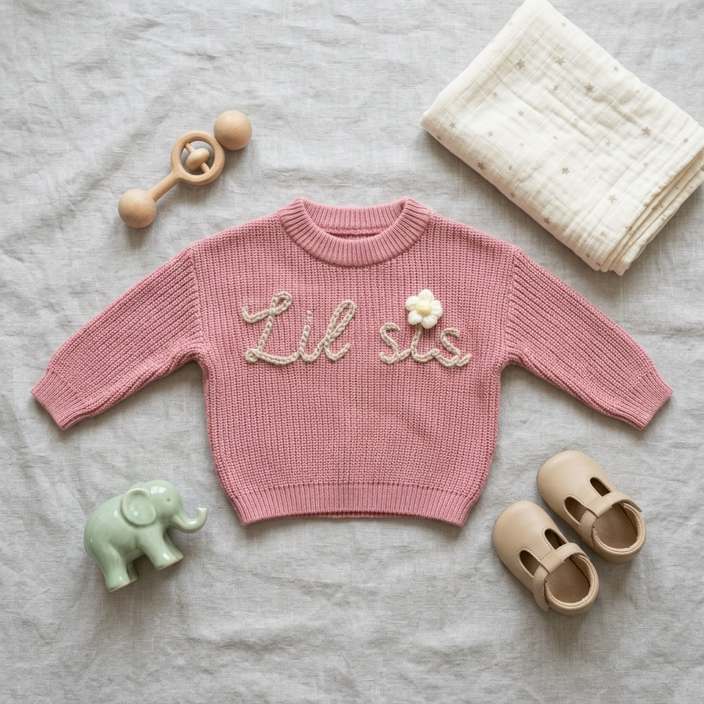 Lil sis Pink Daisy Embroided Cotton Baby Sweater