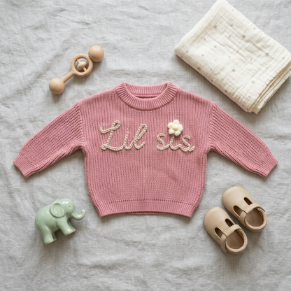 Lil sis Pink Daisy Embroided Cotton Baby Sweater