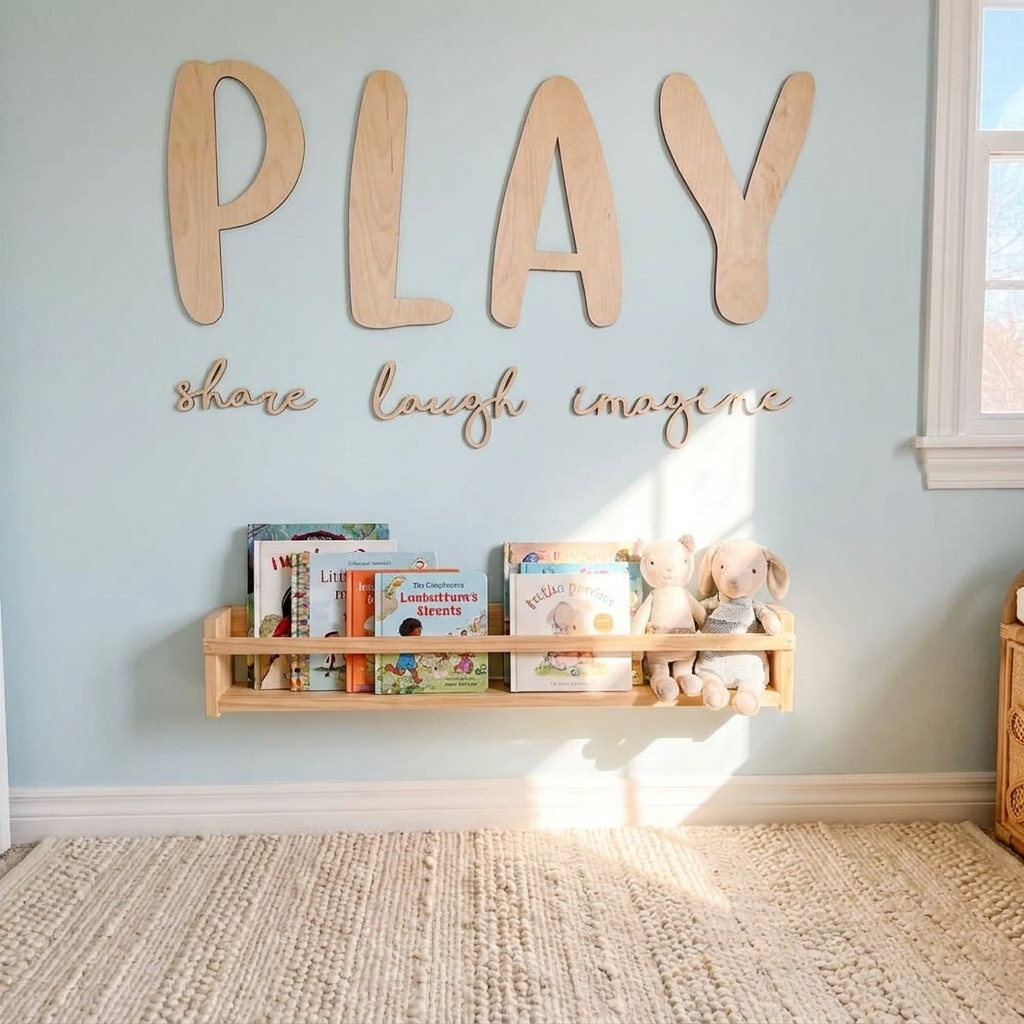 PLAY share imagine laugh Sign Plaque - Natural Wood