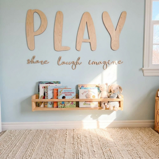 PLAY share imagine laugh Sign Plaque - Natural Wood