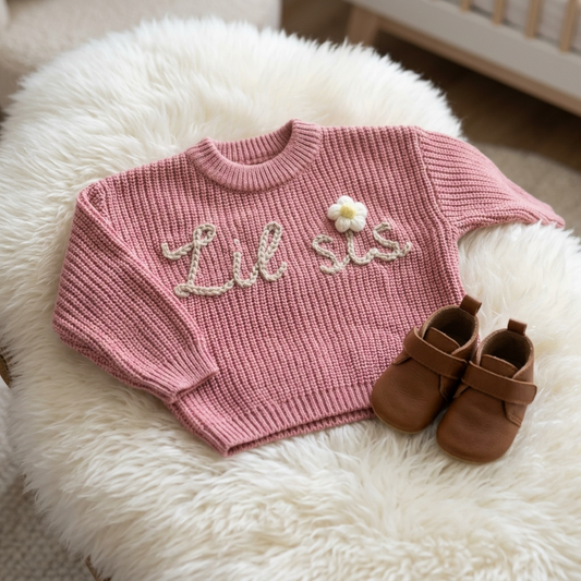 Lil sis Pink Daisy Embroided Cotton Baby Sweater