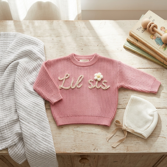 Lil sis Pink Daisy Embroided Cotton Baby Sweater