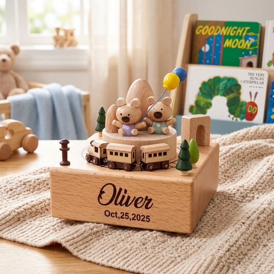 Bear Balloon Wooden Music Box