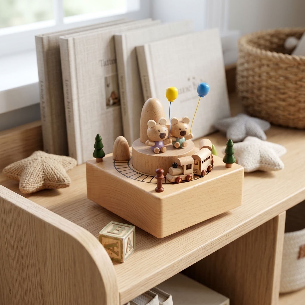 Bear Balloon Wooden Music Box