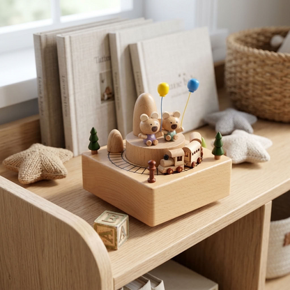 Bear Balloon Wooden Music Box