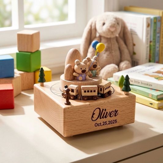 Bear Balloon Wooden Music Box