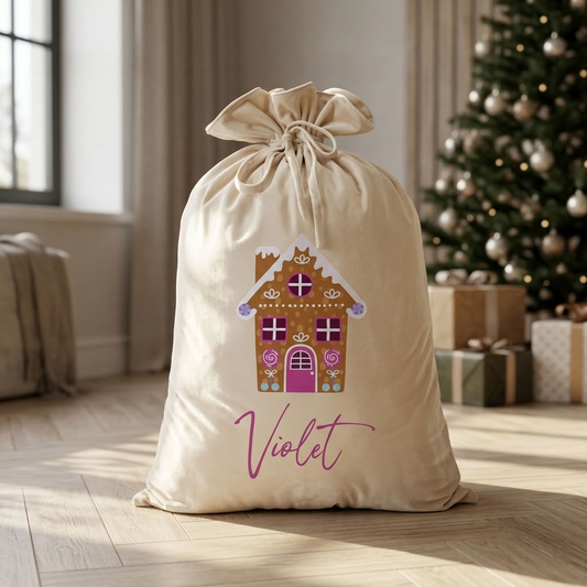 Personalised Santa Sack - Gingerbread Christmas House