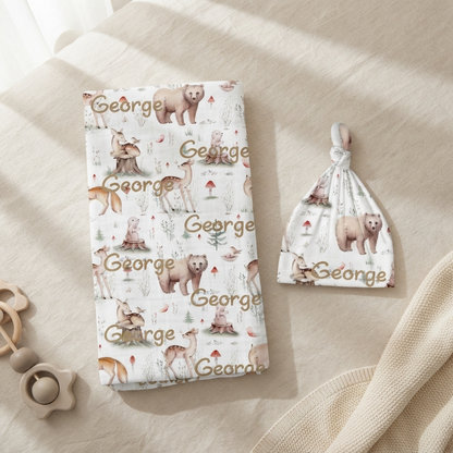Personalised Baby Swaddle & Beanie Set - Woodlands