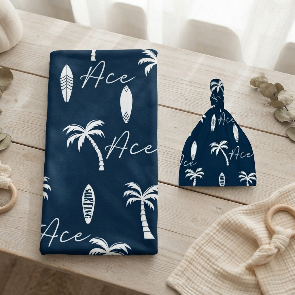 Personalised Baby Swaddle & Beanie Set - Beach