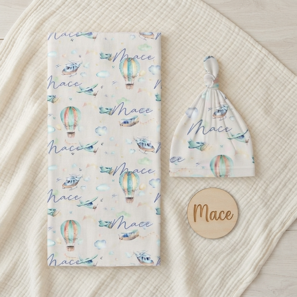 Personalised Baby Swaddle & Beanie Set - Flight