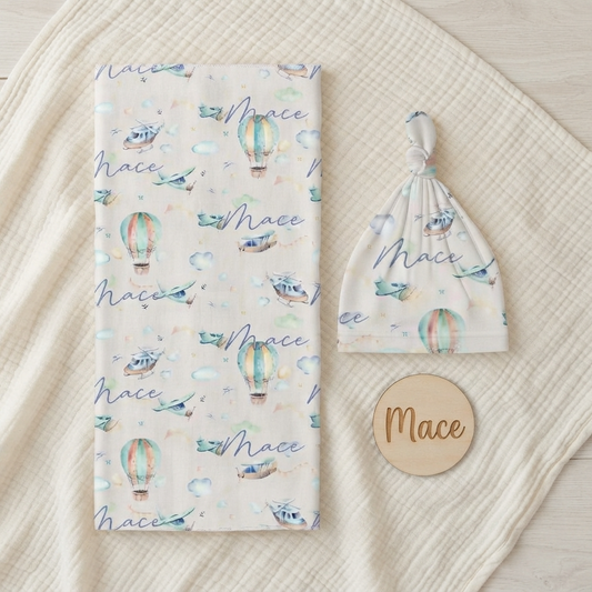 Personalised Baby Swaddle & Beanie Set - Flight