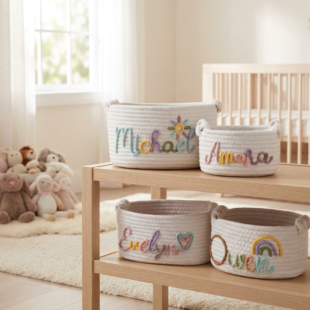 Personalised Hand Embroidered Baby Name Basket