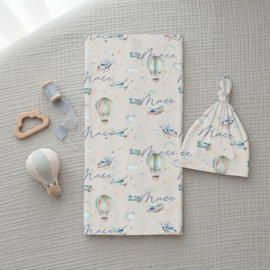 Personalised Baby Swaddle & Beanie Set - Flight
