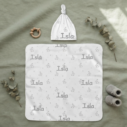 Personalised Baby Swaddle & Beanie Set - Bunny