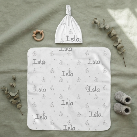 Personalised Baby Swaddle & Beanie Set - Bunny