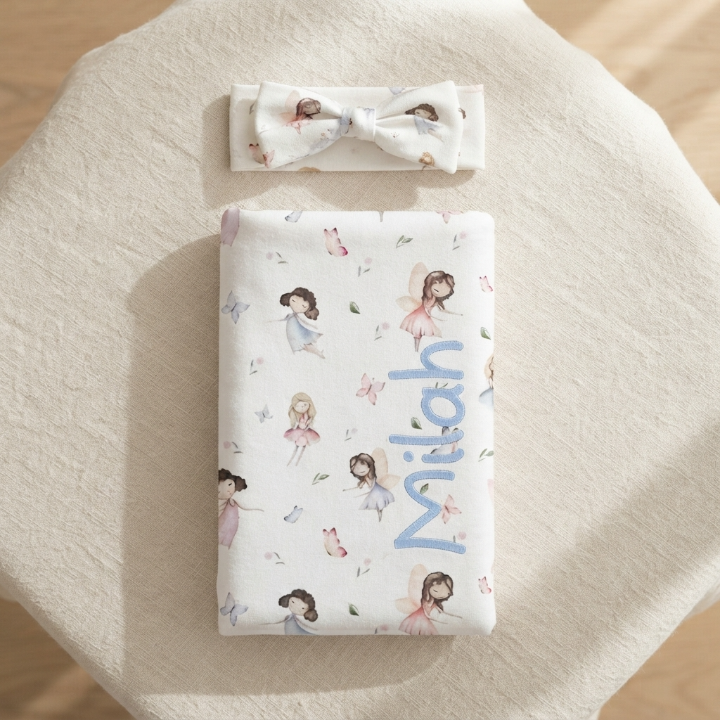 Personalised Baby Swaddle & Headband Set - Fairy